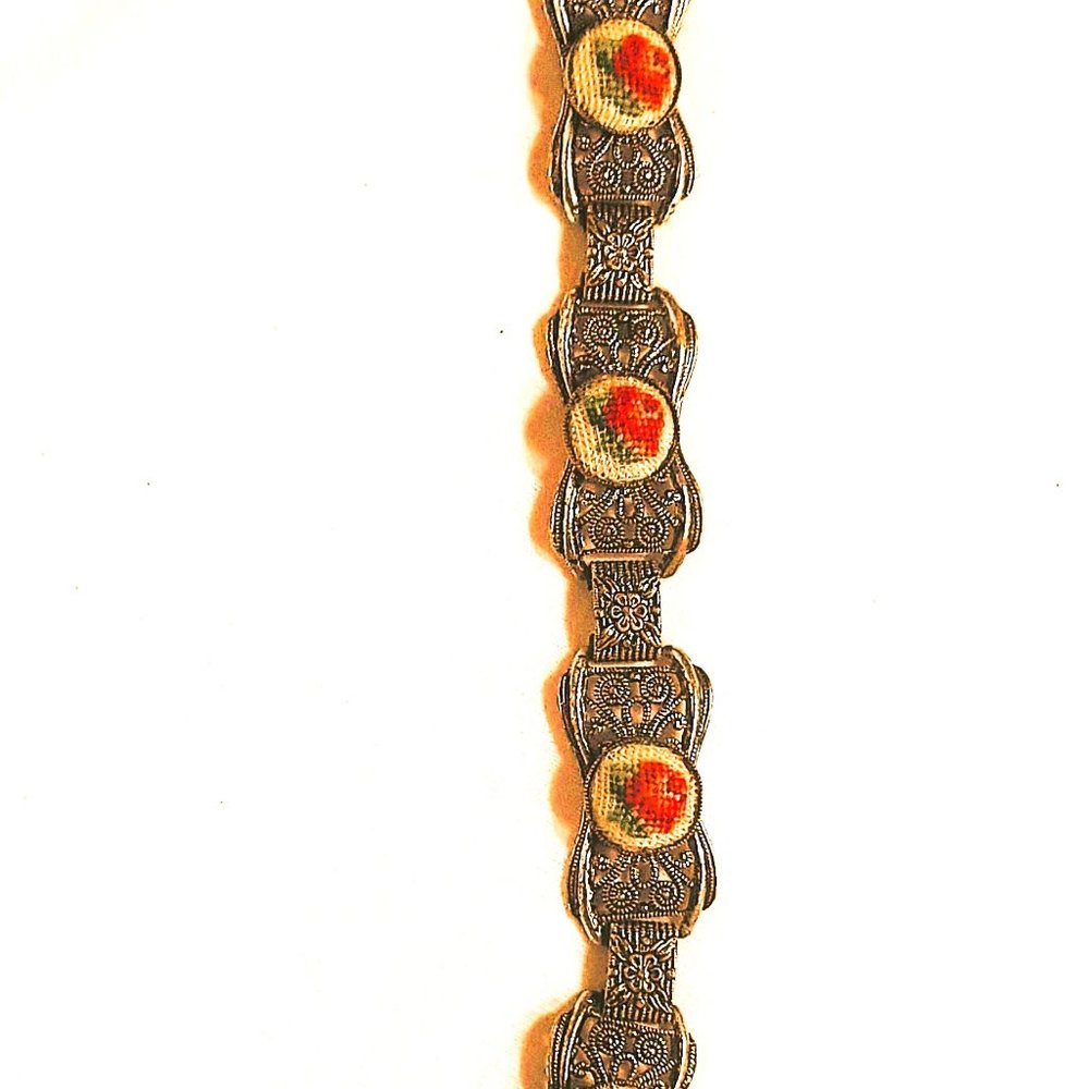 Vintage Silver - White & Red Rose Cross Stitch Bracelet